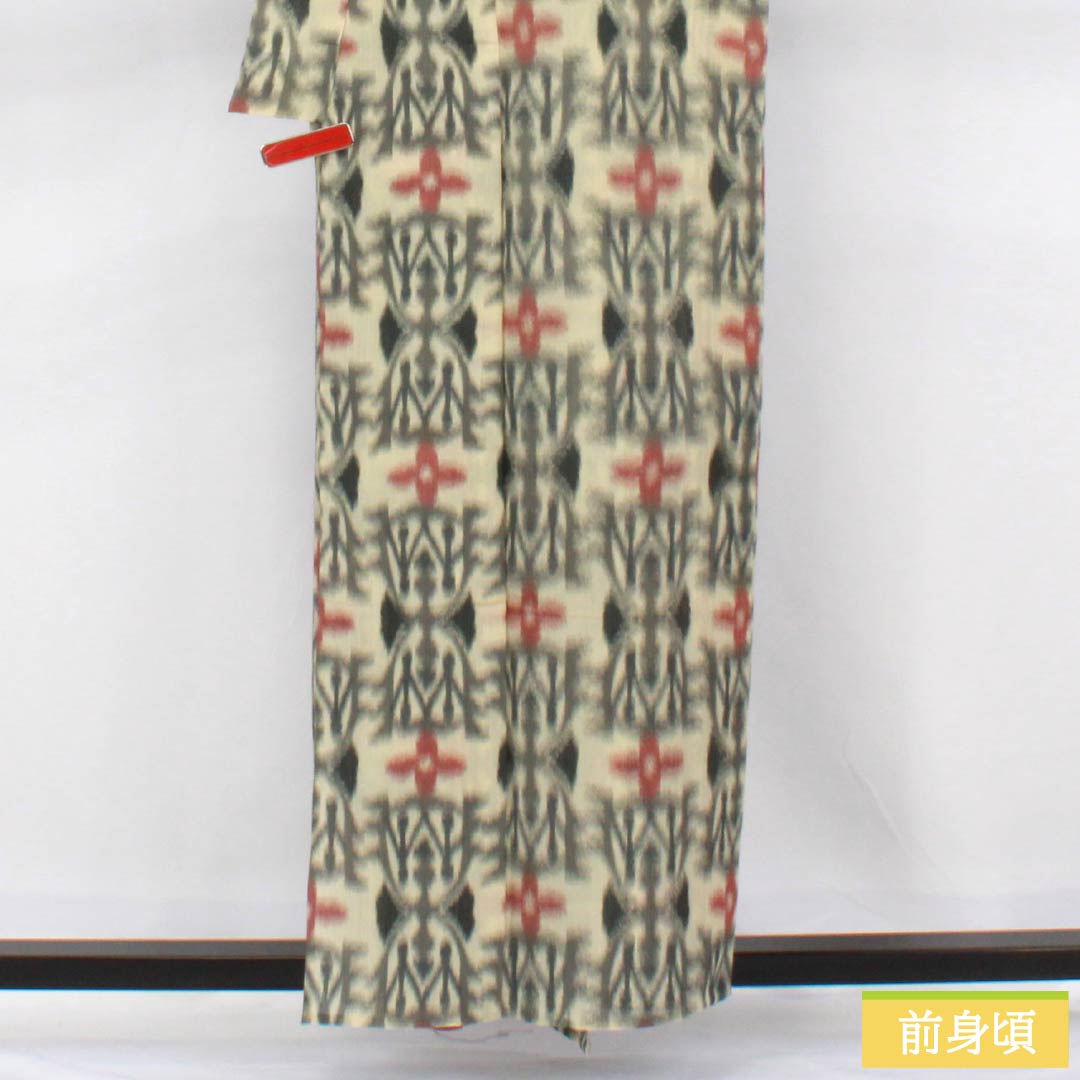 夏物 正絹 紬 身丈159cm 裄丈63cm 鳥の子色（とりのこいろ） 抽象模様 紗 Sランク クリーム系 1132002442315