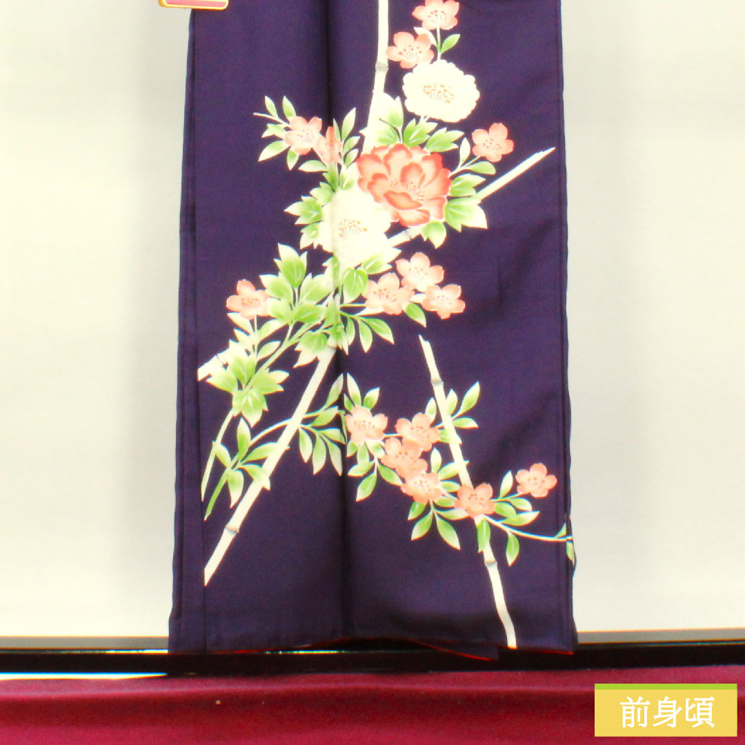 Homongi (formal kimono) made of polyester, lined, length 155.5cm, sleeve length 64.5cm, dark blue, washable, floral pattern, tsukesage, A rank, purple, 1112004233320