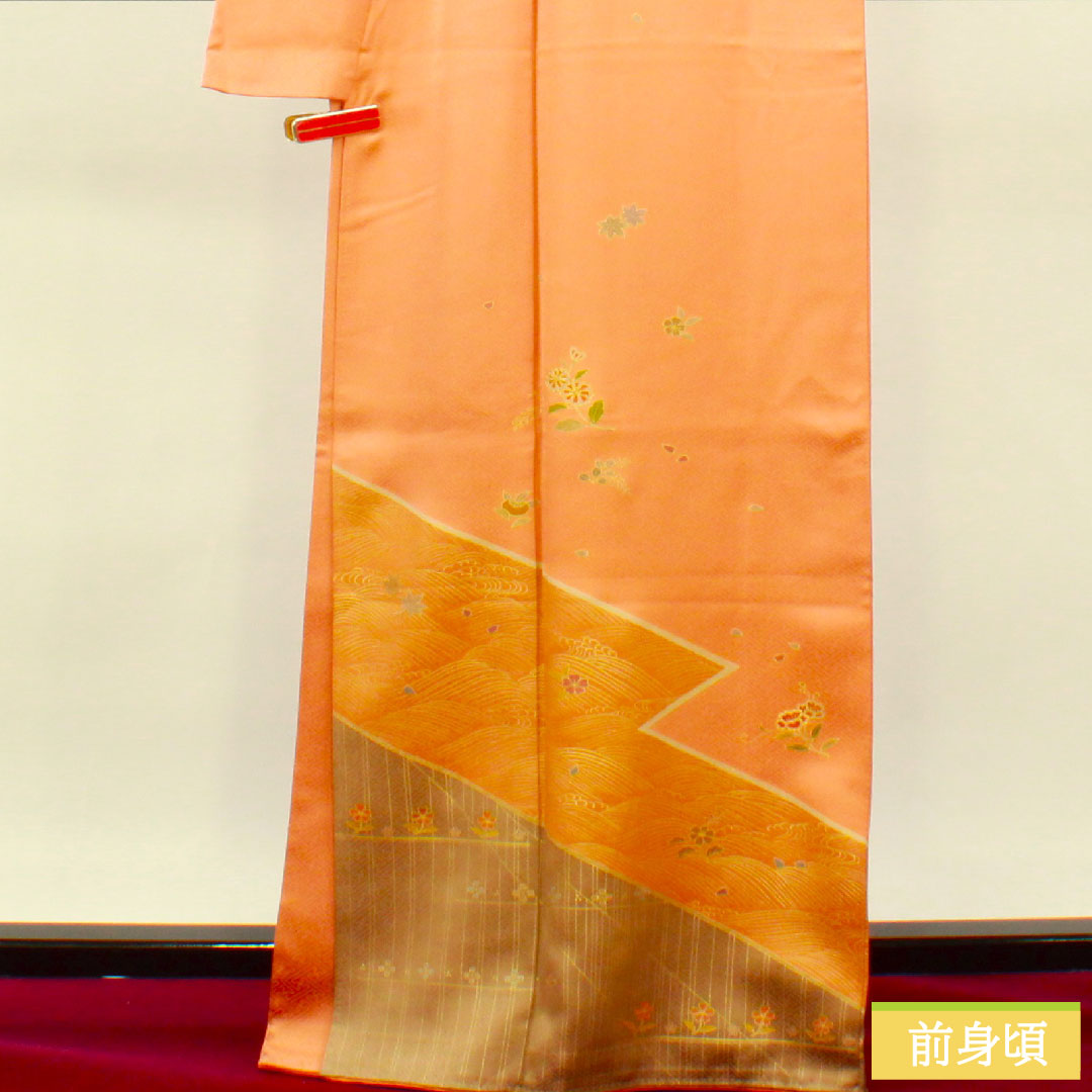 訪問着 正絹 袷 身丈165.5cm 裄丈66.5cm 朱華色（はねずいろ） 京友禅 吉祥文様 Aランク 橙系 1112004623526