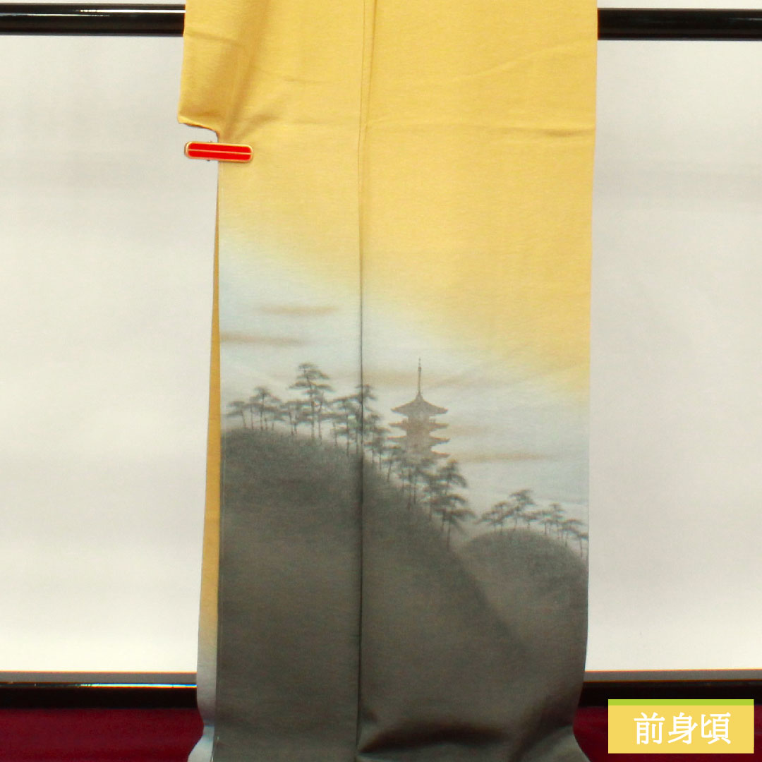 Homongi, pure silk, lined, length 167cm, sleeve length 64cm, plum color, landscape pattern, artist's work, basting thread included, unused, S rank, yellow, 1112003382523