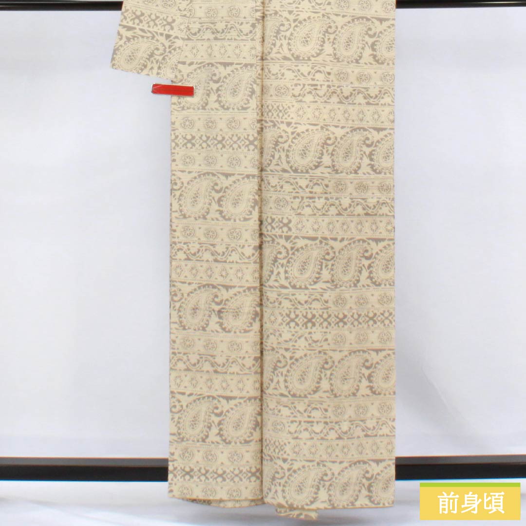 Komon silk S-rank kimono, length 160cm, sleeve length 65.5cm, lined, Tokyo white-brown (Tokyo shirachairo), paisley pattern, tsumugi fabric, silk guard, beige, product number 1115006772425