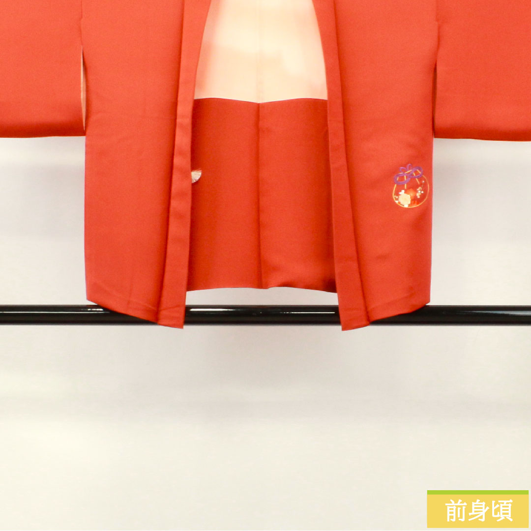 Haori (Japanese traditional coat) made of pure silk, length 73.5cm, sleeve length 60.5cm, scarlet, embroidery, rank S, lined, vermilion, 1117000962916