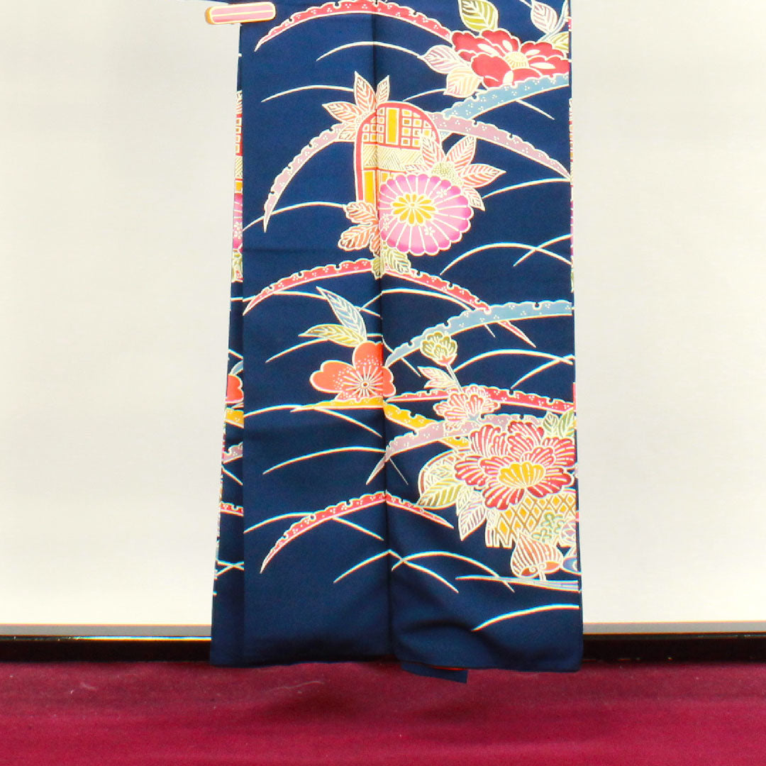 小紋 身丈156.5cm 裄丈62cm 袷  紺藍色 京紅型 菊 露芝  正絹 Sランク 紺系 1115003382318