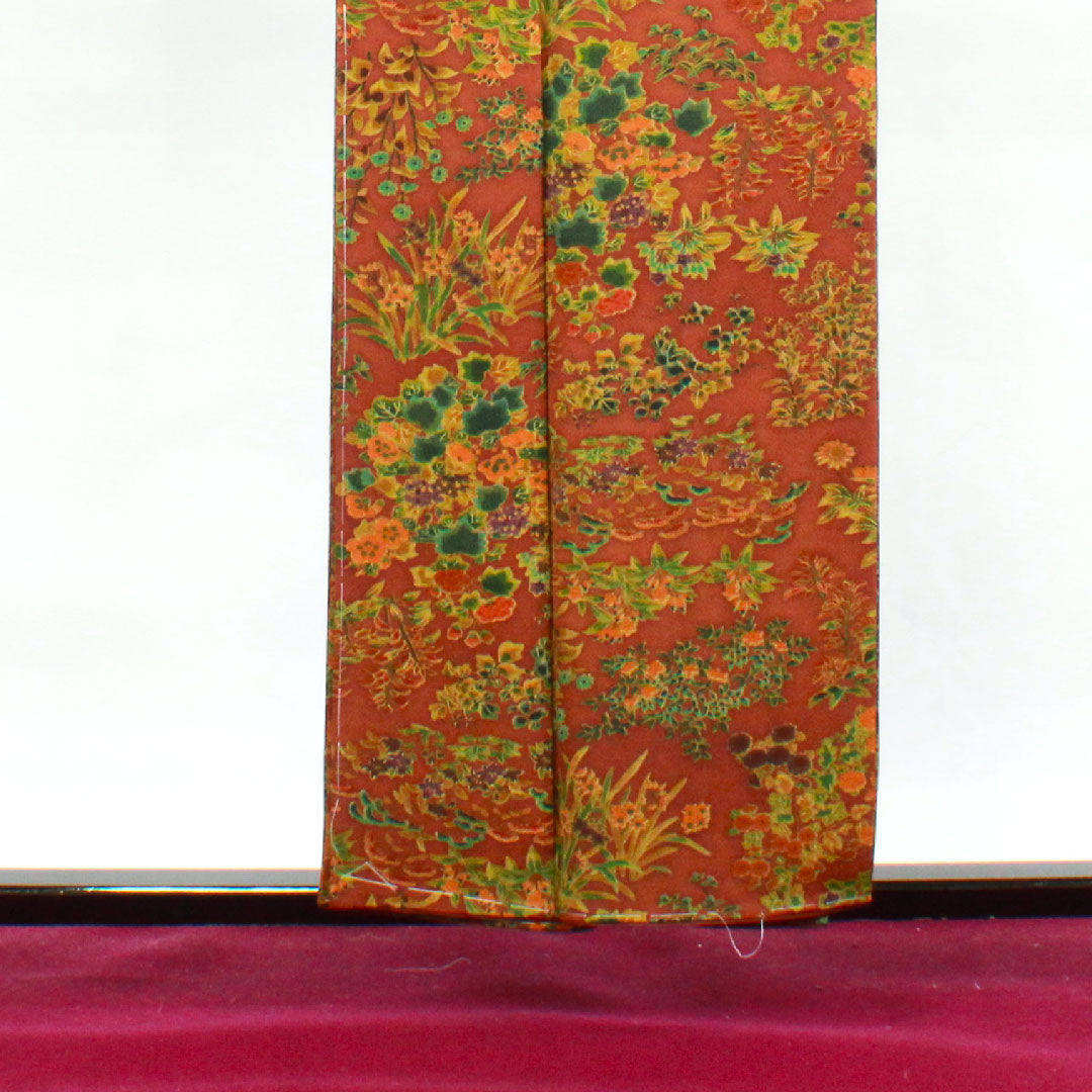 小紋 身丈154.5cm 裄丈61.5cm 袷  錆色 しつけ糸付き 草花模様  正絹 Aランク 茶系 1115003203214