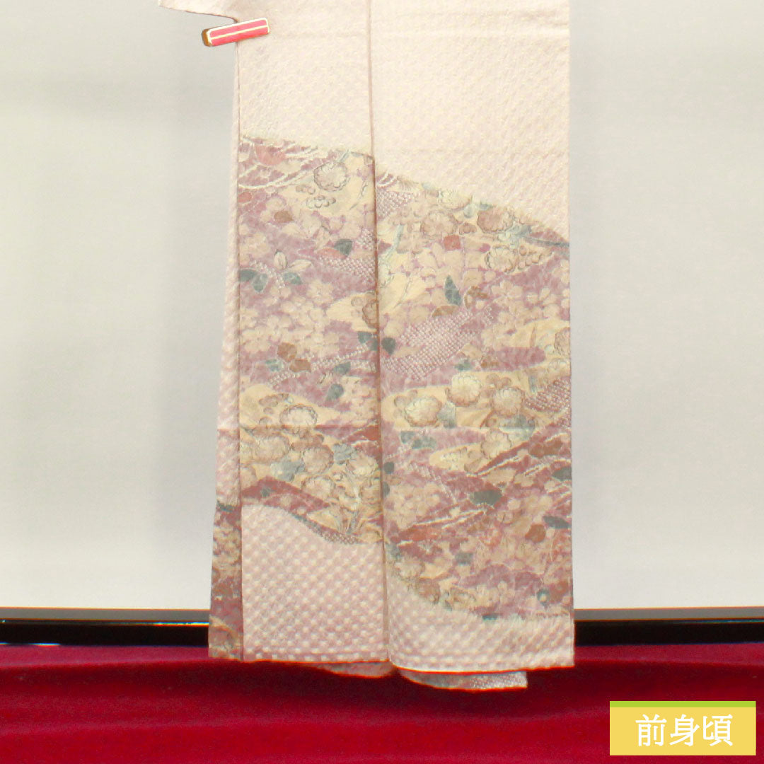 Homongi, pure silk, lined, length 159.5cm, sleeve length 63cm, cherry blossom color, tie-dye, Tsujigahana, A rank, purple, 1112004113320