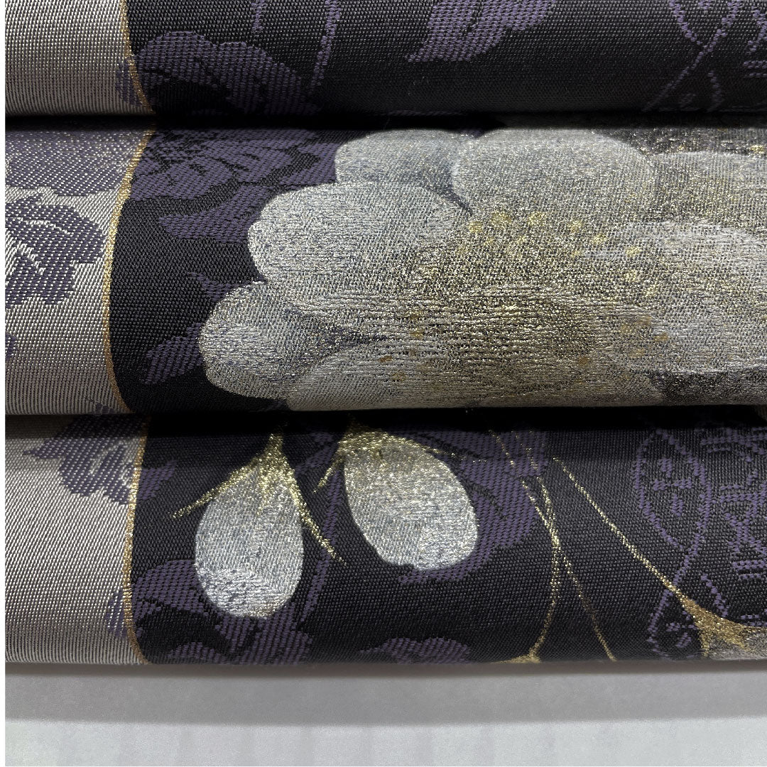 Reversible Fukuro Obi with Sakura Arabesque, Grapes and Phoenix, Length 462cm, Pure Silk, S Rank, Fully Open, Semi-Formal, Gray, 1123004992422