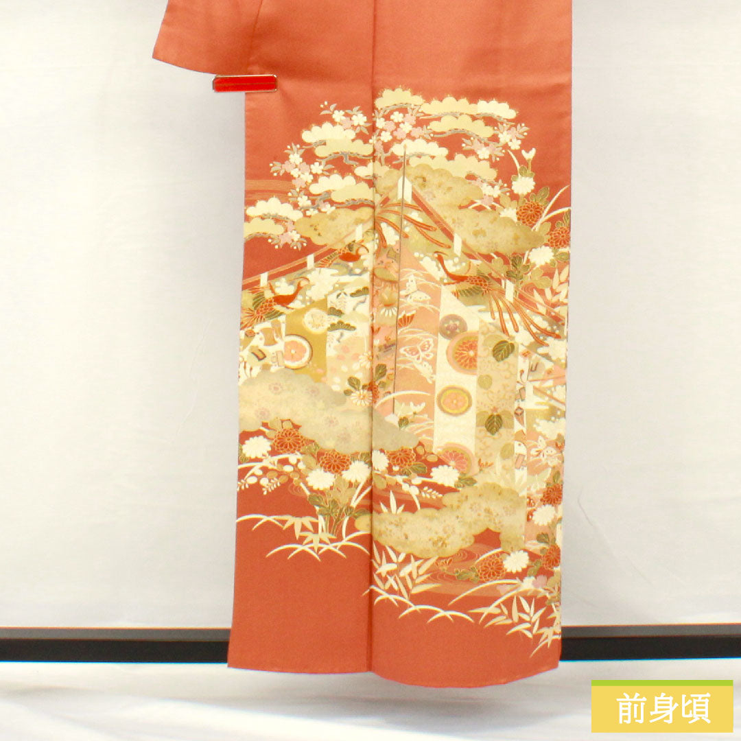 Colored Tomesode, pure silk, length 157cm, sleeve length 63cm, lined, coral color, Kyoto Yuzen, cherry blossom, pine, bamboo, plum, one crest, star and plum blossom, layered collar, A rank, orange, 1111001513326