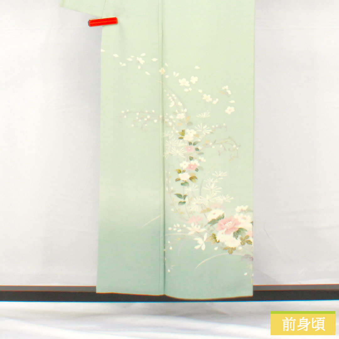 訪問着 正絹 袷 身丈153cm 裄丈65.5cm 秘色（ひそく） 京友禅 桜 椿 菊 スーパーガード加工 Aランク 水色系 1112005503224