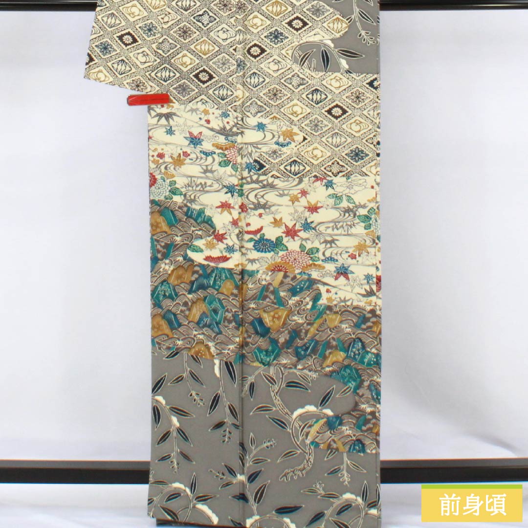 訪問着 正絹 Sランク 袷 身丈165.5cm 裄丈67.5cm 京紅型 紅型調 吉祥文様 グレー系 1112006742522