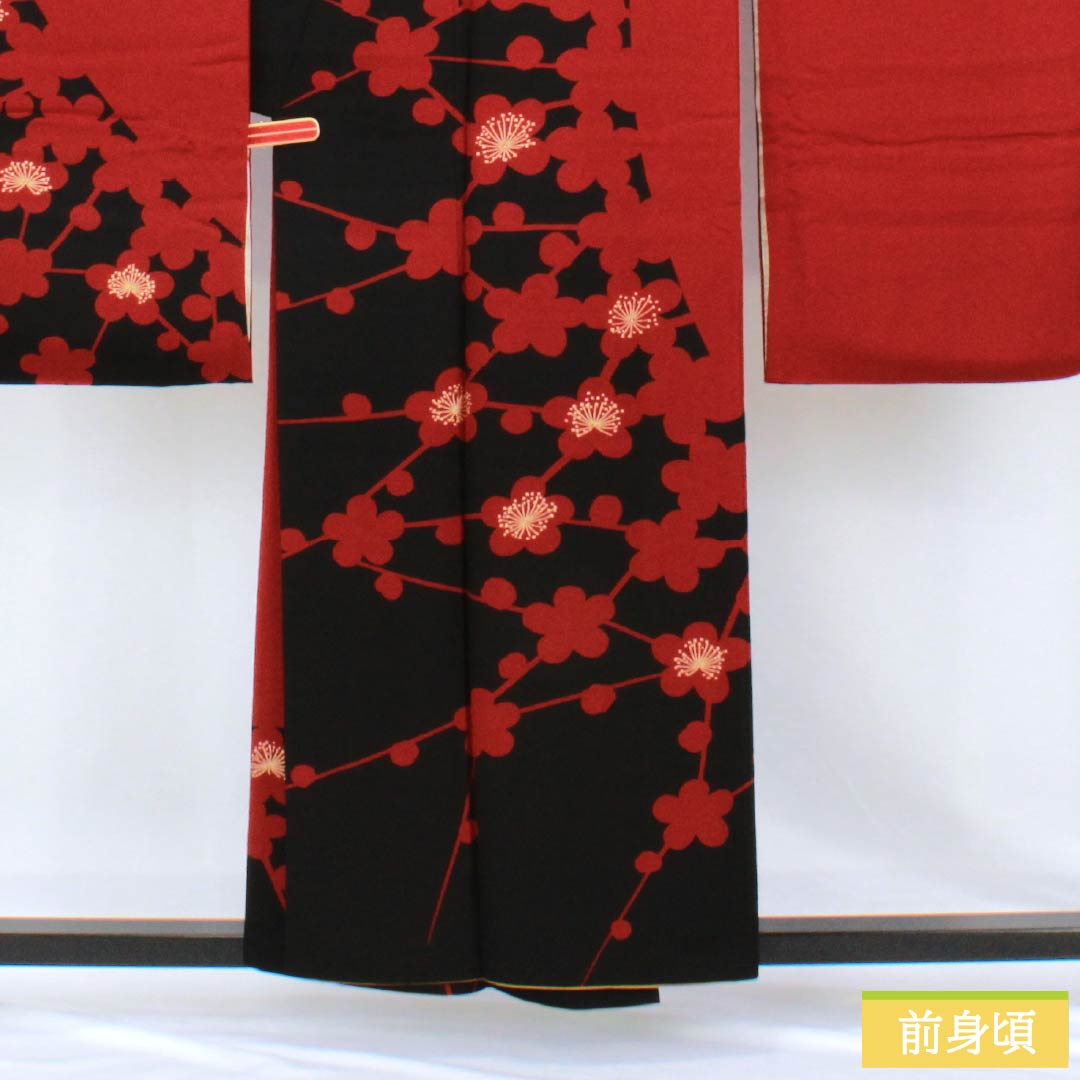 Furisode Silk A Rank Length 156.5cm Sleeve length 64cm Lined Sho-enji-iro (Deep Carmine) Kyo-Yuzen Stencil Dyed Plum Modern Sawaya Guard Red 1113002943312