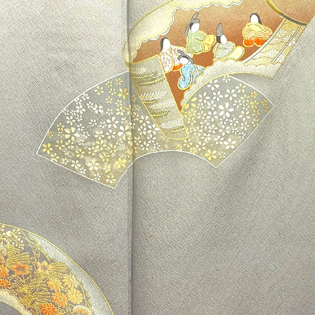 Colored Tomesode, Length 162cm, Sleeve Length 65.5cm, Amethyst Color, Living National Treasure, Fukuda Yoshishige, Fan Surface, Swallowtail Butterfly, Pure Silk, S Rank, One Crest, Gray, 1111000432422