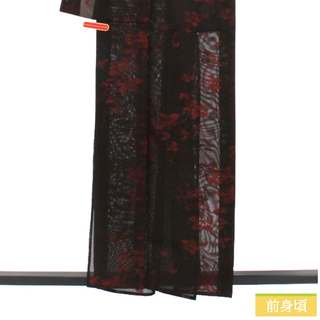夏物 正絹 お召 Sランク 身丈157.5cm 裄丈64.5cm 海老色（えびいろ） 草花模様 紗 赤系 1132004422312