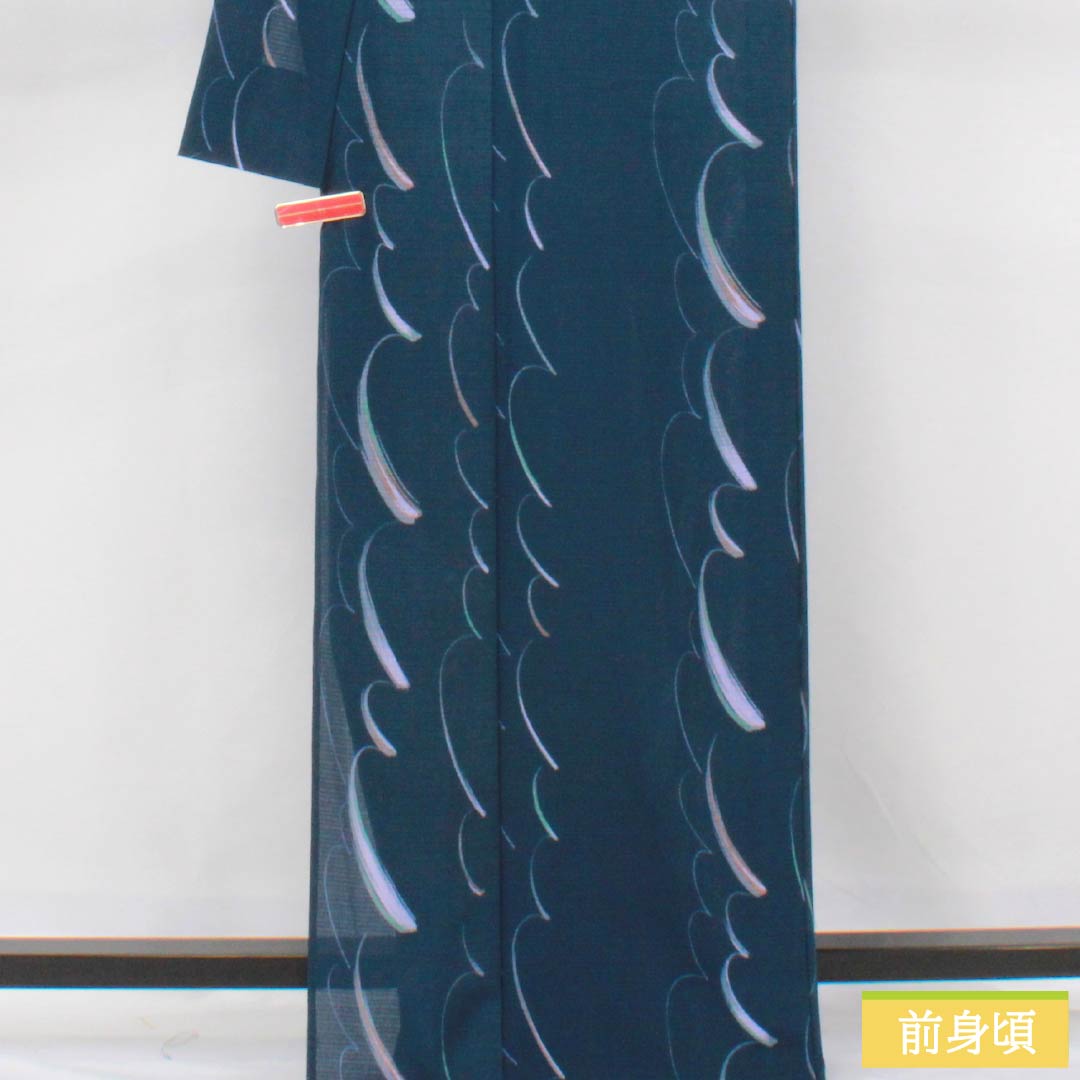 Summer kimono, polyester, komon (small pattern), length 168cm, sleeve length 66cm, navy iron color (kontetsuiro), abstract pattern, washable, ro (ro silk), rank A, navy blue, product number 1132002643518