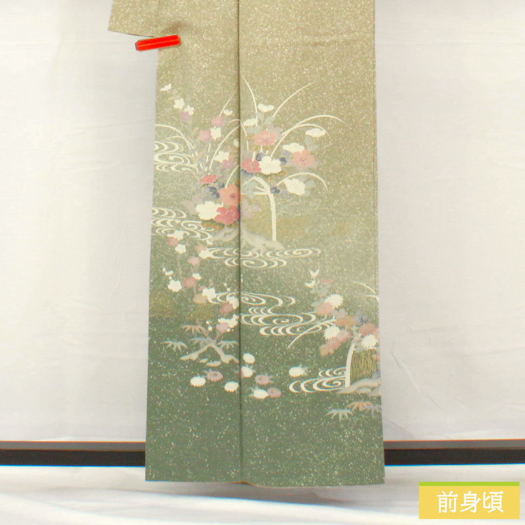 訪問着 正絹 袷 身丈157.5cm 裄丈62cm 蠟色（ろういろ） タタキ染 京友禅 菊 菖蒲 一つ紋 Sランク 緑系 1112005252319