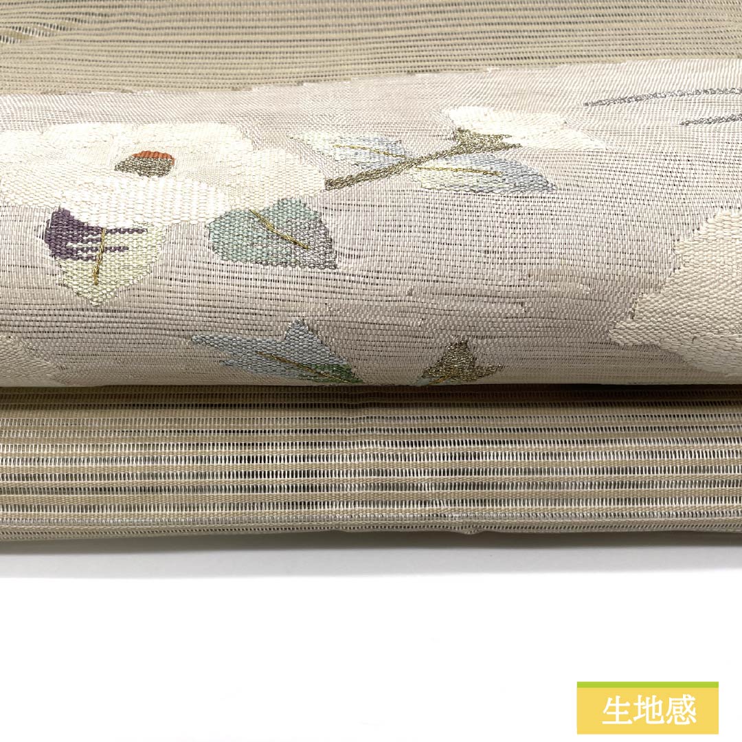 Nagoya Obi, pure silk, flaxen, summer obi with a scoop weave and summer camellia pattern, length 362cm, S rank, accent pattern, semi-formal, beige, 1124008702325, pine needle stitching