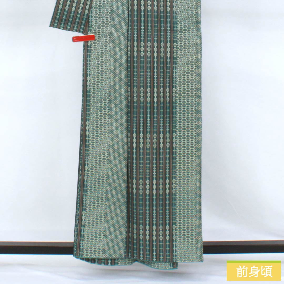 Polyester Komon, Rank S, Length 158cm, Sleeve-to-shoulder 65.5cm, Lined, Chalcanthite (Tanbairo) Color, Stenciled Dyeing, Abstract Pattern, Half-lined, Washable Kimono, Green-based, 1115007932319