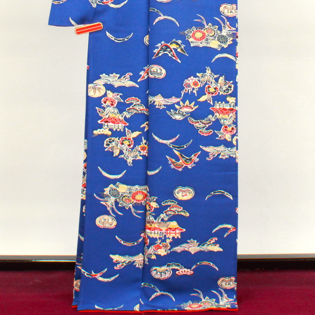小紋 身丈170cm 裄丈67cm 袷  しつけ糸付き 未使用品 桔梗色 型染 吉祥文様  正絹 Sランク 紺系 1115003372618