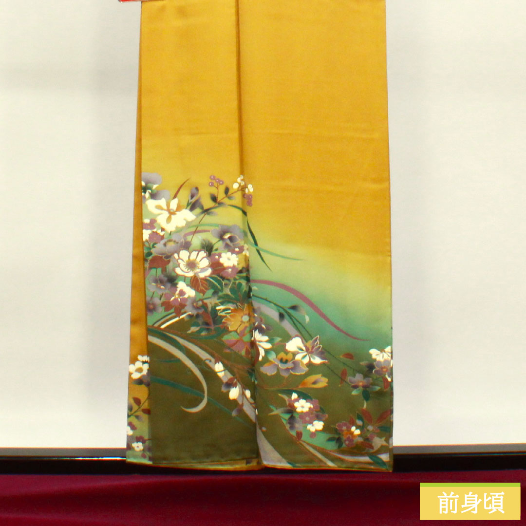 Homongi, pure silk, lined, length 156.5cm, sleeve length 62.5cm, ochre, Kyoto Yuzen, floral pattern, Scotchguard processing, S rank, yellow, 1112004422323