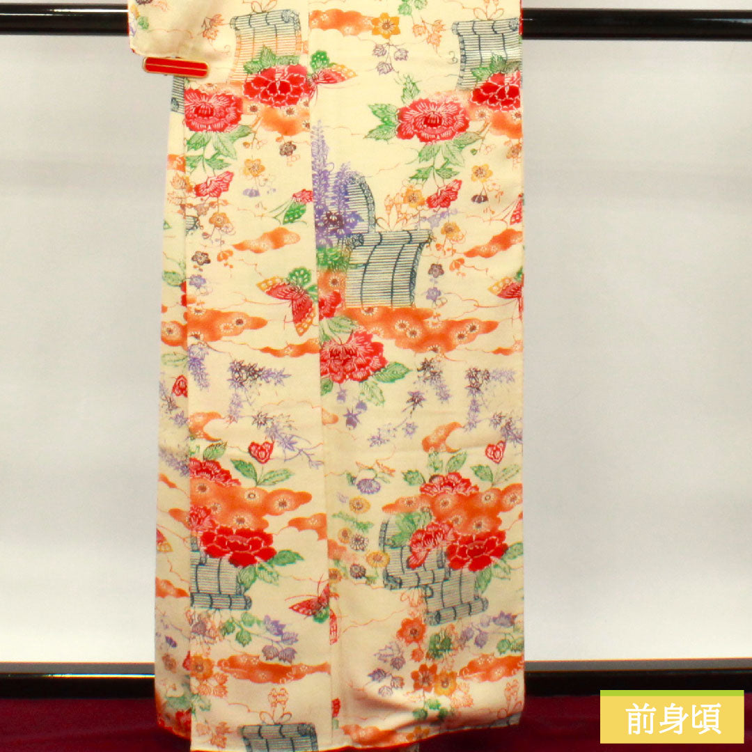 小紋 正絹 身丈161.5cm 裄丈65cm 袷  鳥の子色 型染 草花模様  Sランク クリーム系 1115003762415