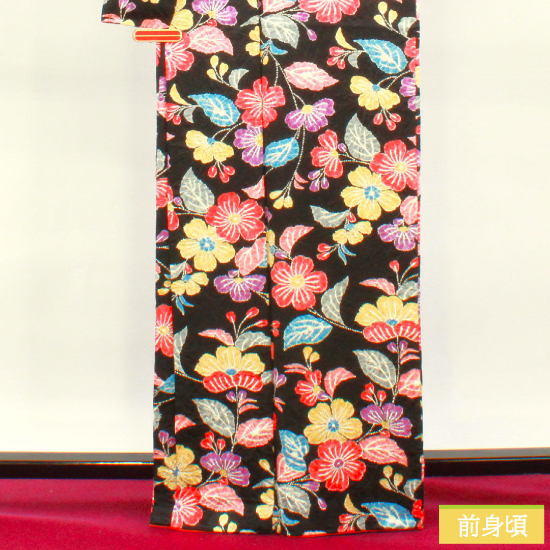 小紋 正絹 身丈165.5cm 裄丈67cm 袷 絞り 草花模様 Sランク 黒系 1115004472510