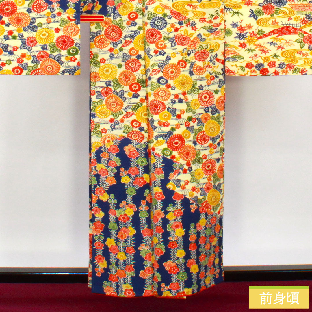 振袖 正絹 身丈157.5cm 裄丈62.5cm 袷 濃紺色（のうこんいろ） 京紅型 吉祥文様 Sランク 紺系 1113002082318