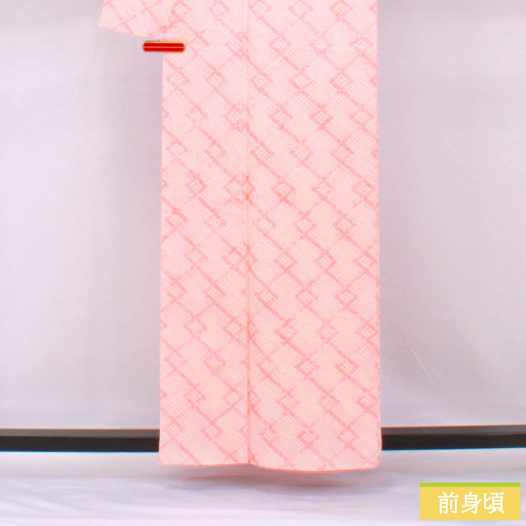 小紋 正絹 身丈158.5cm 裄丈65cm 袷 珊瑚色（さんごいろ） 絞り 色紙つなぎ Bランク ピンク系 1115005584313