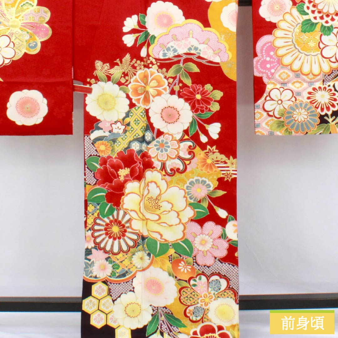 振袖 正絹 Sランク 身丈170.5cm 裄丈67.5cm 袷 真紅色（しんくいろ） 京友禅 吉祥文様 松竹梅 菊 ECOガード加工 赤系 1113002602612