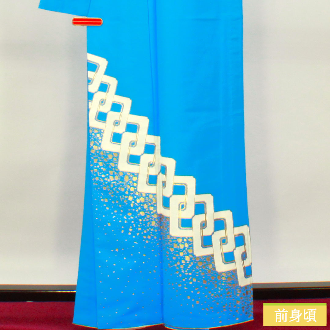 Homongi (formal kimono) made of polyester with a waistband, length 163.5cm, sleeve length 67.5cm, Tenshoku, washable kimono, Yoshihara Tsunagi, dance costume, tsukesage, S rank, blue, 1112004262417