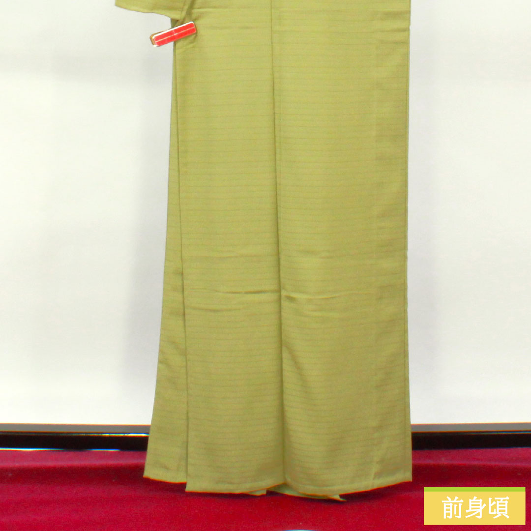 Plain color, polyester, length 164cm, sleeve length 68cm, willow brown, washable kimono, one crest, silk, S rank, green, 1114001312419