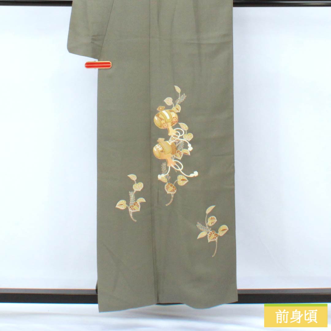 訪問着 正絹 Sランク 袷 身丈155cm 裄丈62.5cm 利休鼠色（りきゅうねずみいろ） 京友禅 付下げ 葵 小槌 スーパー鈴ガード 緑系 1112007212319
