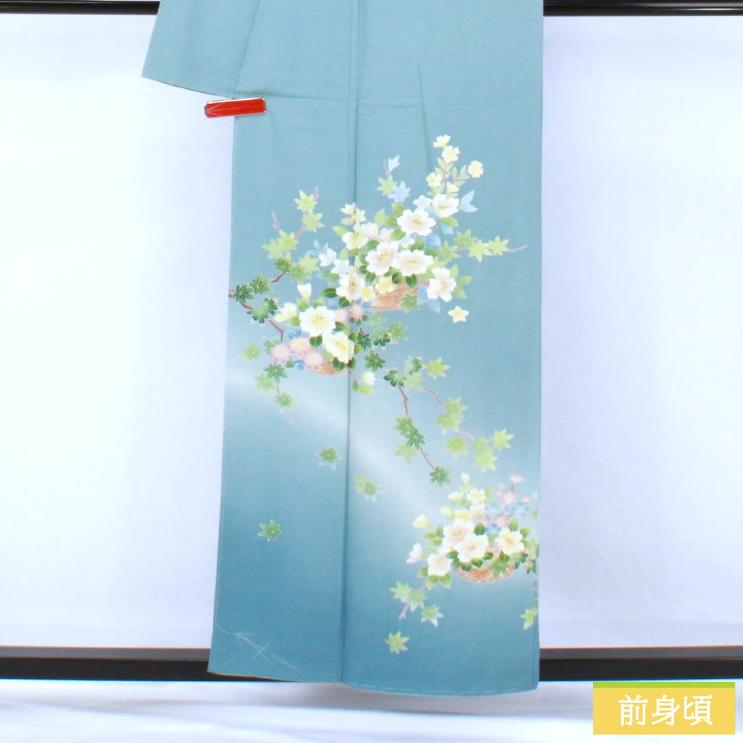 訪問着 正絹 Sランク 袷 身丈155.5cm 裄丈63cm 砧青磁色（きぬたせいじいろ） 加賀友禅 南克治 付下げ 花籠 しつけ糸付き 水色系 1112007312324