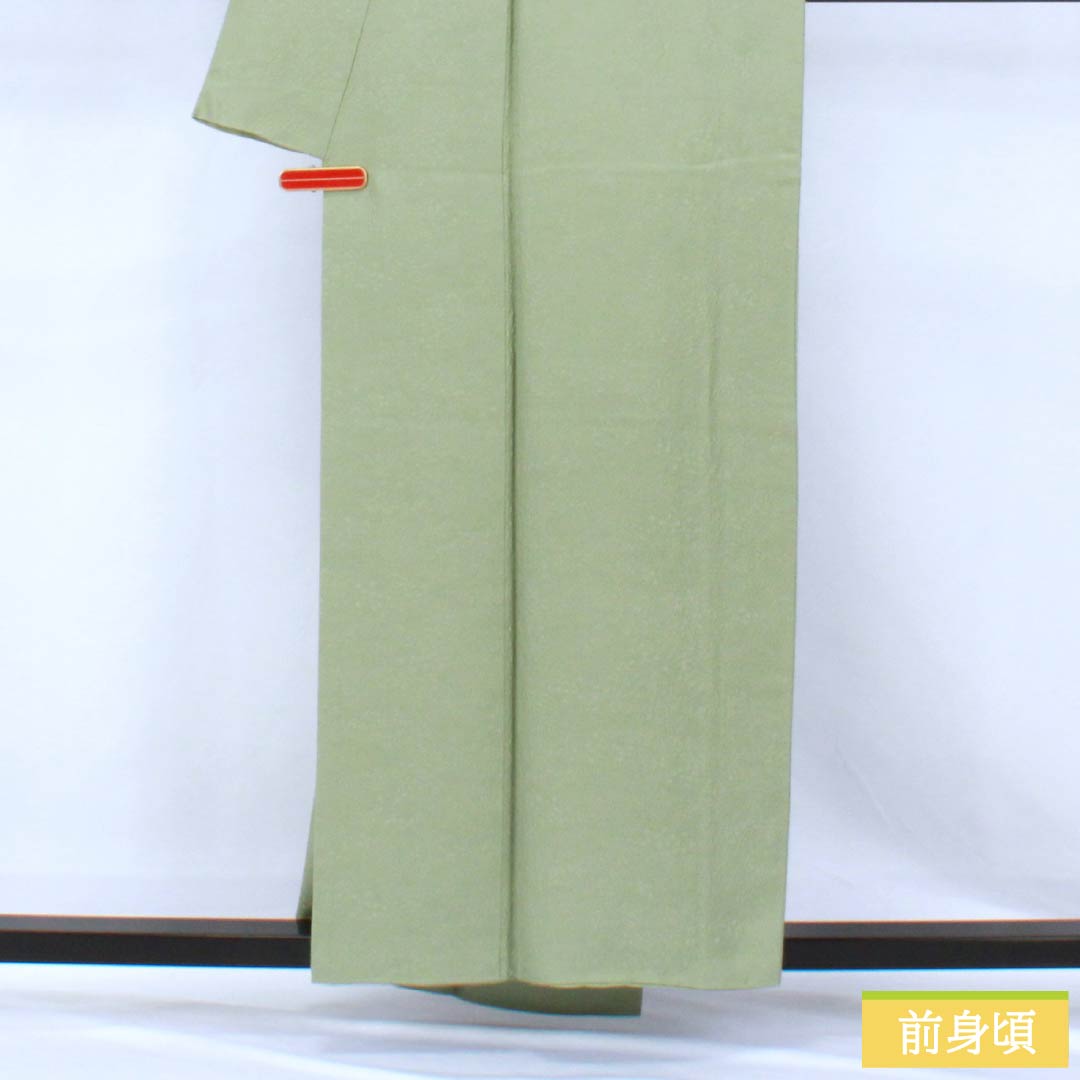 Solid-colored silk kimono, A-rank, length 156cm, sleeve length 64cm, Longquan celadon glaze color (Rongquan Ching Two-Youth), single crest, split paulownia wood, sewn crest, lined, green, 1114002563319