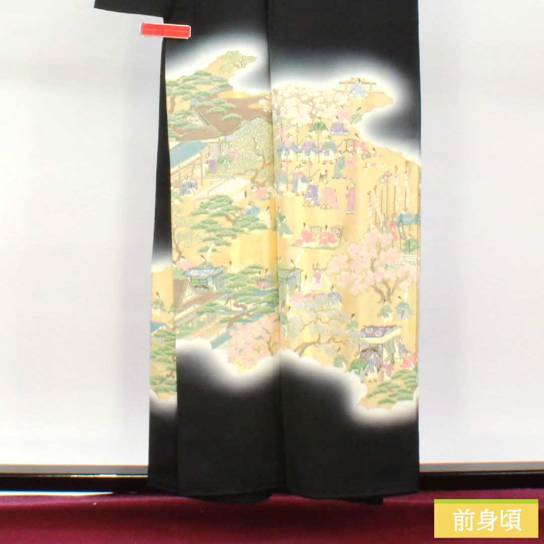 黒留袖 正絹 身丈156.5cm 裄丈63cm 袷  寿光織 時代人物風景模様 新はじく加工 五つ紋 違い鷹の羽 Sランク 黒系 1111001332310