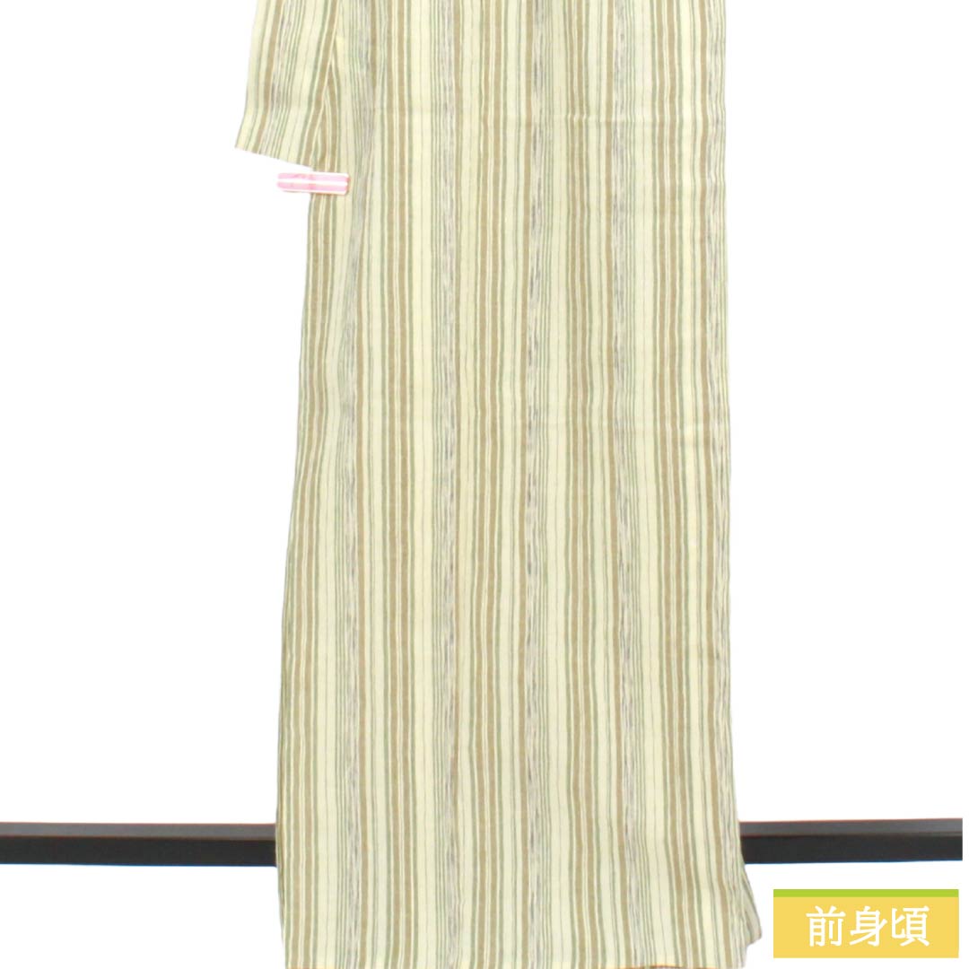 夏物 綿麻 紬 Sランク 身丈168.5cm 裄丈67.5cm 乳白色（にゅうはくしょく） 縞 縮 紗 クリーム系 1132004802515