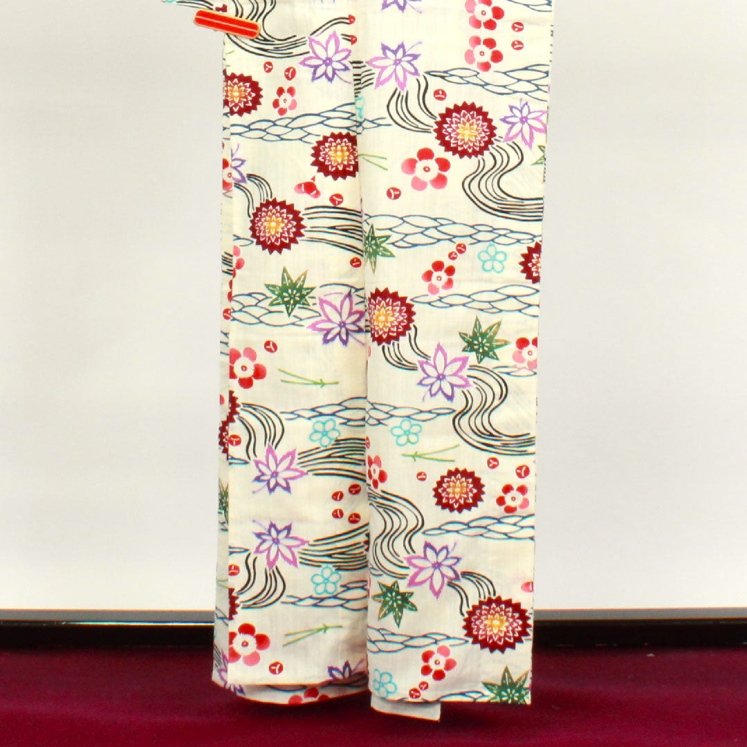 Yukata with basting thread, unused, milky white, stencil dyed, cotton linen, S rank, single layer, length 162cm, sleeve length 67cm, cream color, 1118002012415