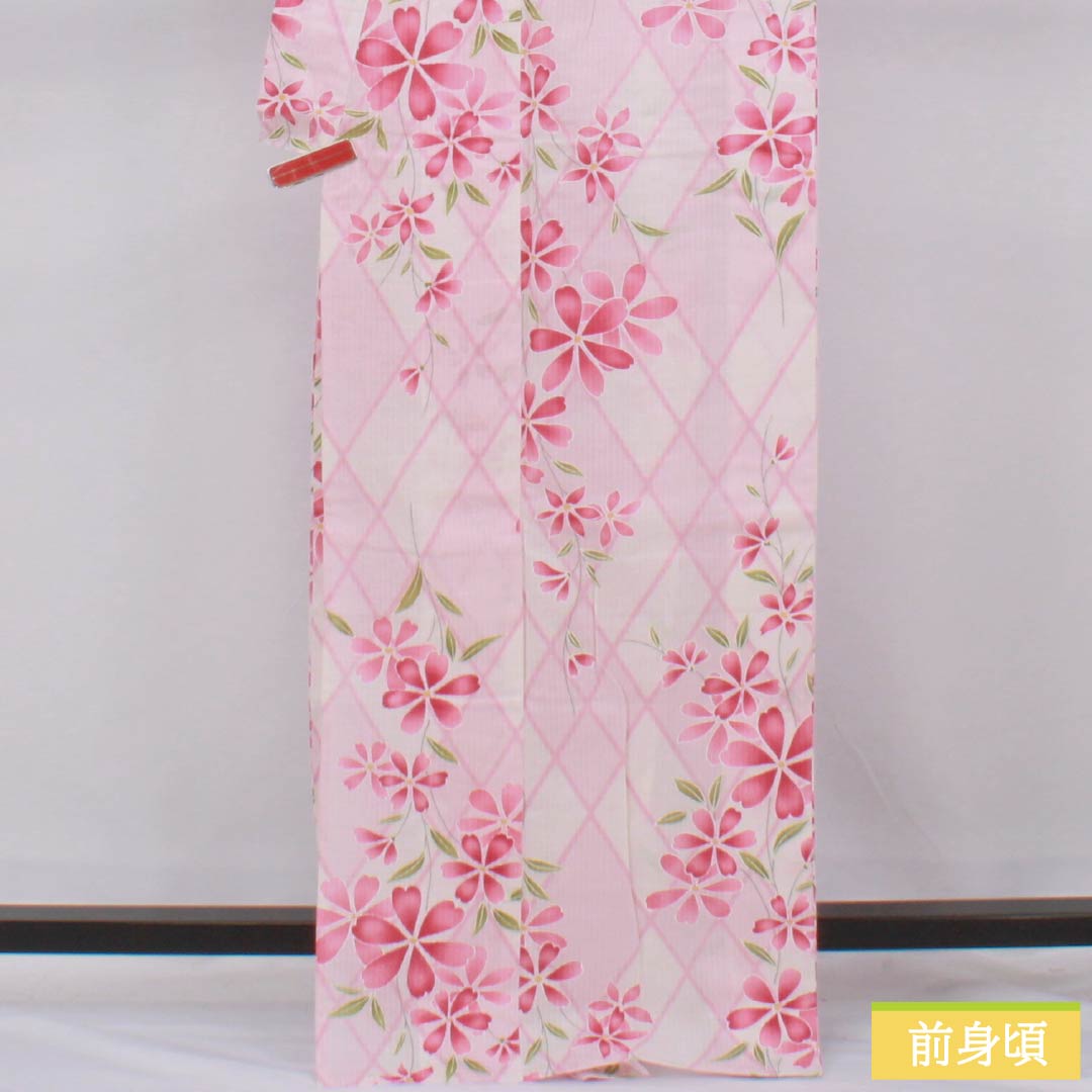 浴衣 木綿 身丈168.5cm 裄丈66cm Sランク 単衣 ピンク系 退紅色（あらそめいろ） 籠目 花 1118006322513