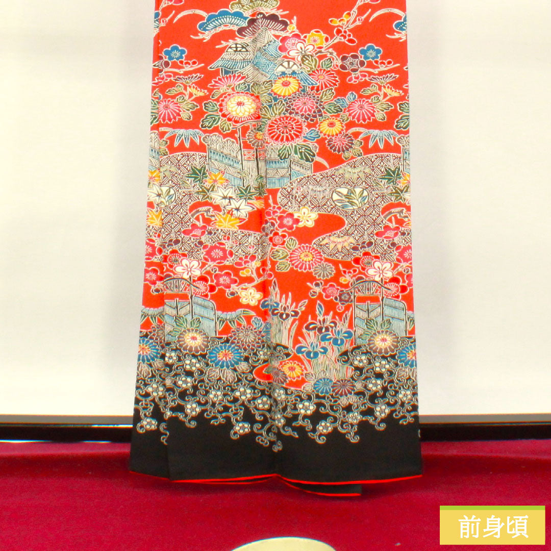 Homongi, pure silk, lined, length 163cm, sleeve length 64.5cm, scarlet, Kyoto Bingata, auspicious motif, S rank, vermilion, 1112004072416