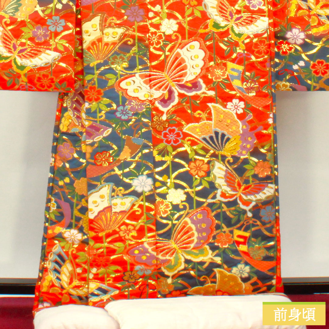 Colored uchikake, pure silk, length 192cm, sleeve length 66cm, scarlet, Karaori, butterfly, floral pattern, S rank, lined, vermilion, 1110000872916