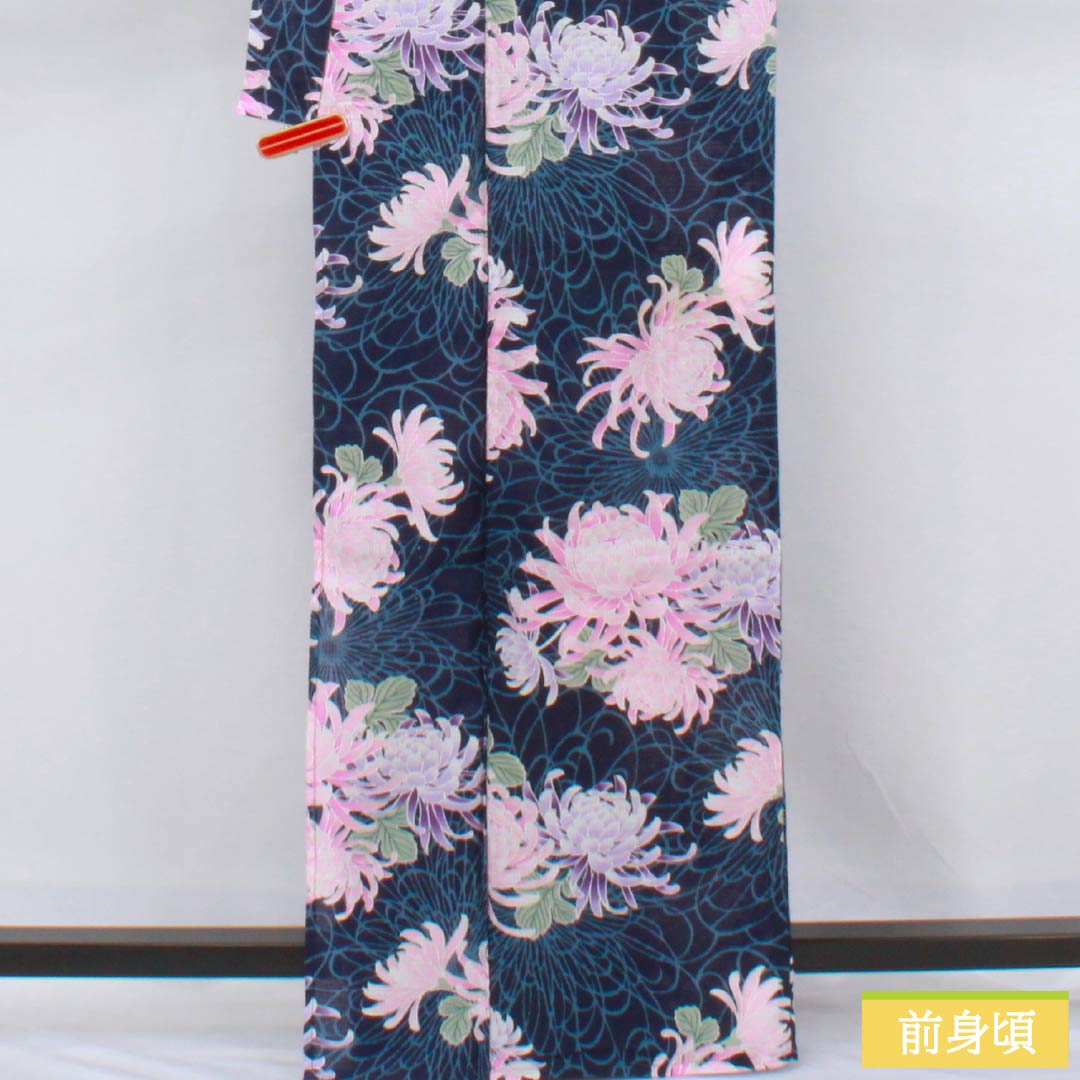 浴衣 木綿 身丈164.5cm 裄丈63cm Aランク 単衣 紺系 紺色（こんいろ） 菊 1118006673418
