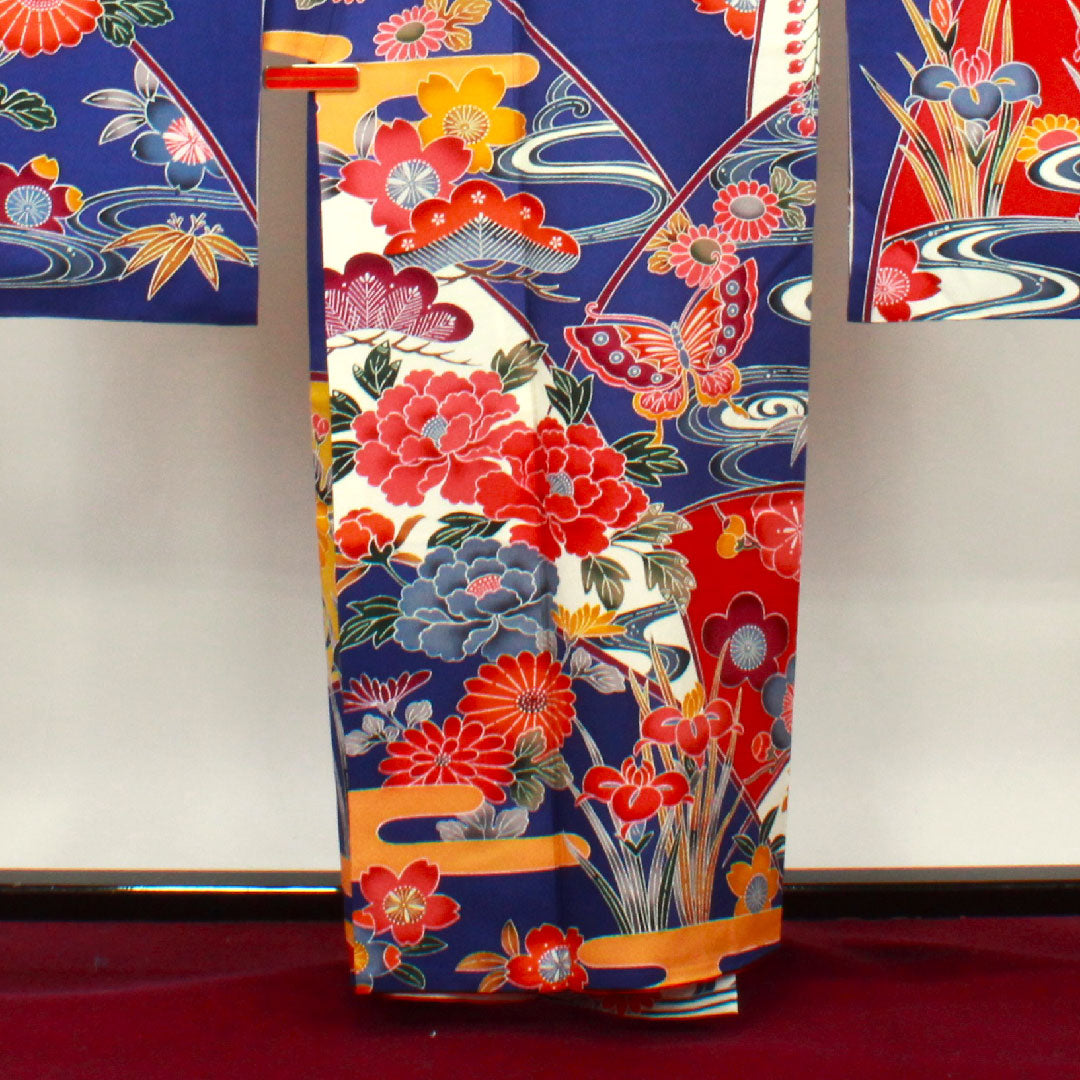 振袖 身丈159cm 裄丈67cm 袷  桔梗色 京紅型 吉祥文様  正絹 Aランク 紺系 1113001703318