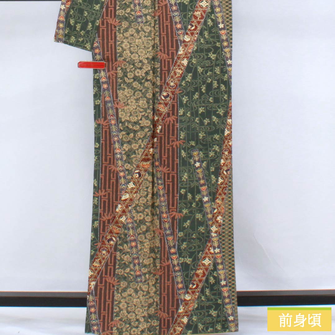 小紋 正絹 身丈162.5cm 裄丈66cm 袷 薩摩納戸色（さつまなんどいろ） 型染 吉祥文様 Sランク 緑系 1115006142419