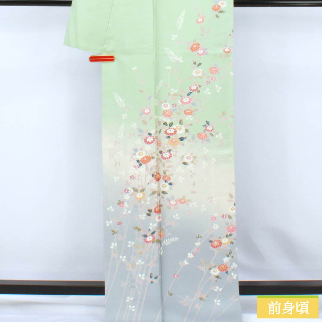 訪問着 正絹 Sランク 袷 身丈166.5cm 裄丈62cm 薄緑色（うすみどりいろ） 京友禅 草花 しつけ糸付き 緑系 1112007602519