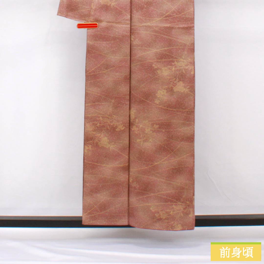 Komon, pure silk, length 157.5cm, sleeve length 62.5cm, lined, chestnut plum color, water persimmon color, stencil dyeing, dew grass, flowers, S rank, gradation type, 1115005392399