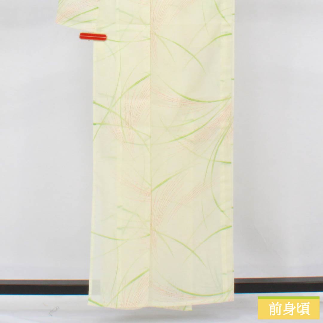 夏物 ポリエステル 小紋 身丈159cm 裄丈63.5cm 白百合色（しらゆりいろ） ススキ 洗える着物 絽 Sランク 黄系 1132002582323