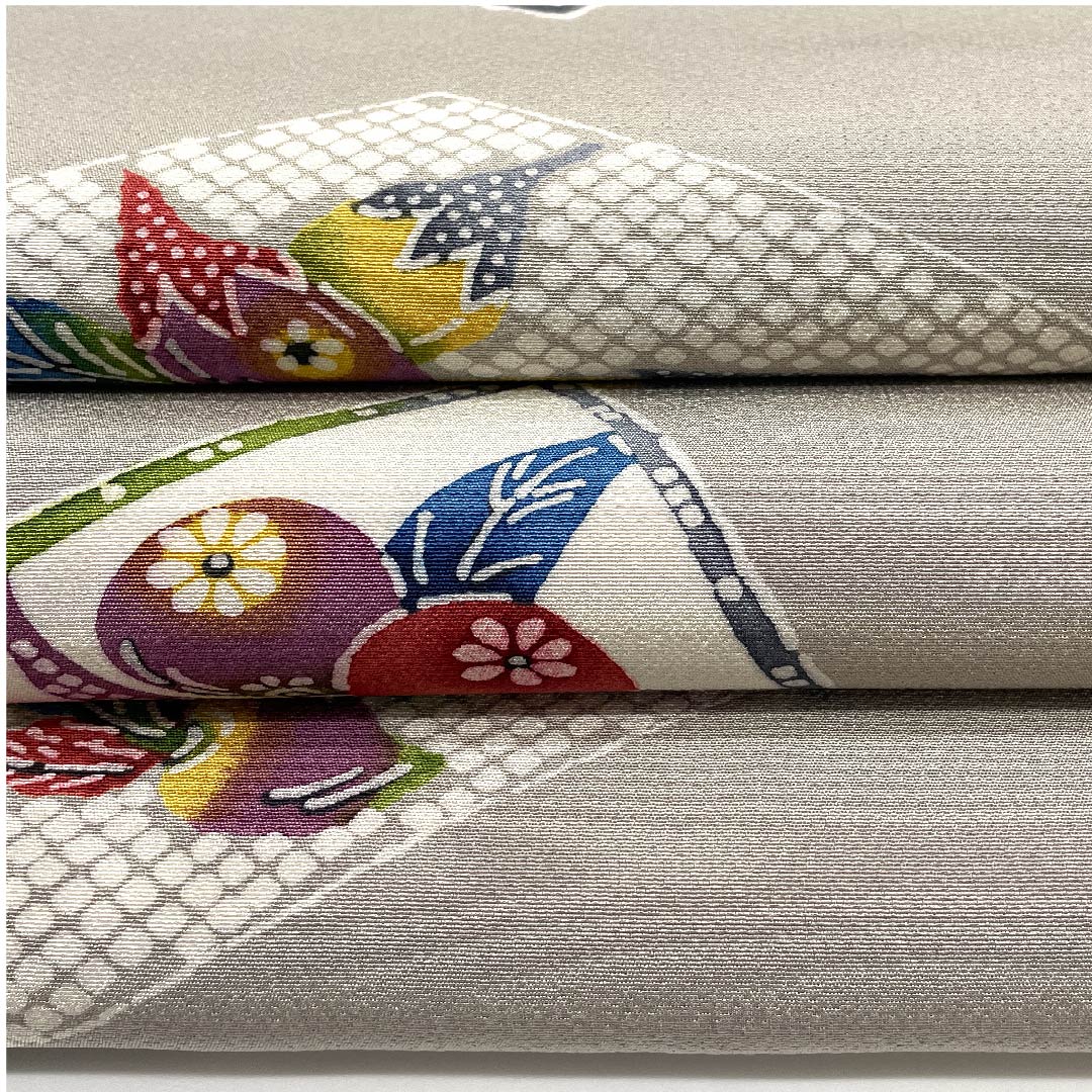 名古屋帯 絹鼠色 野菜 京紅型 帯丈372cm 正絹 Sランク 全通 カジュアル グレー系 1124005392322  開き仕立て
