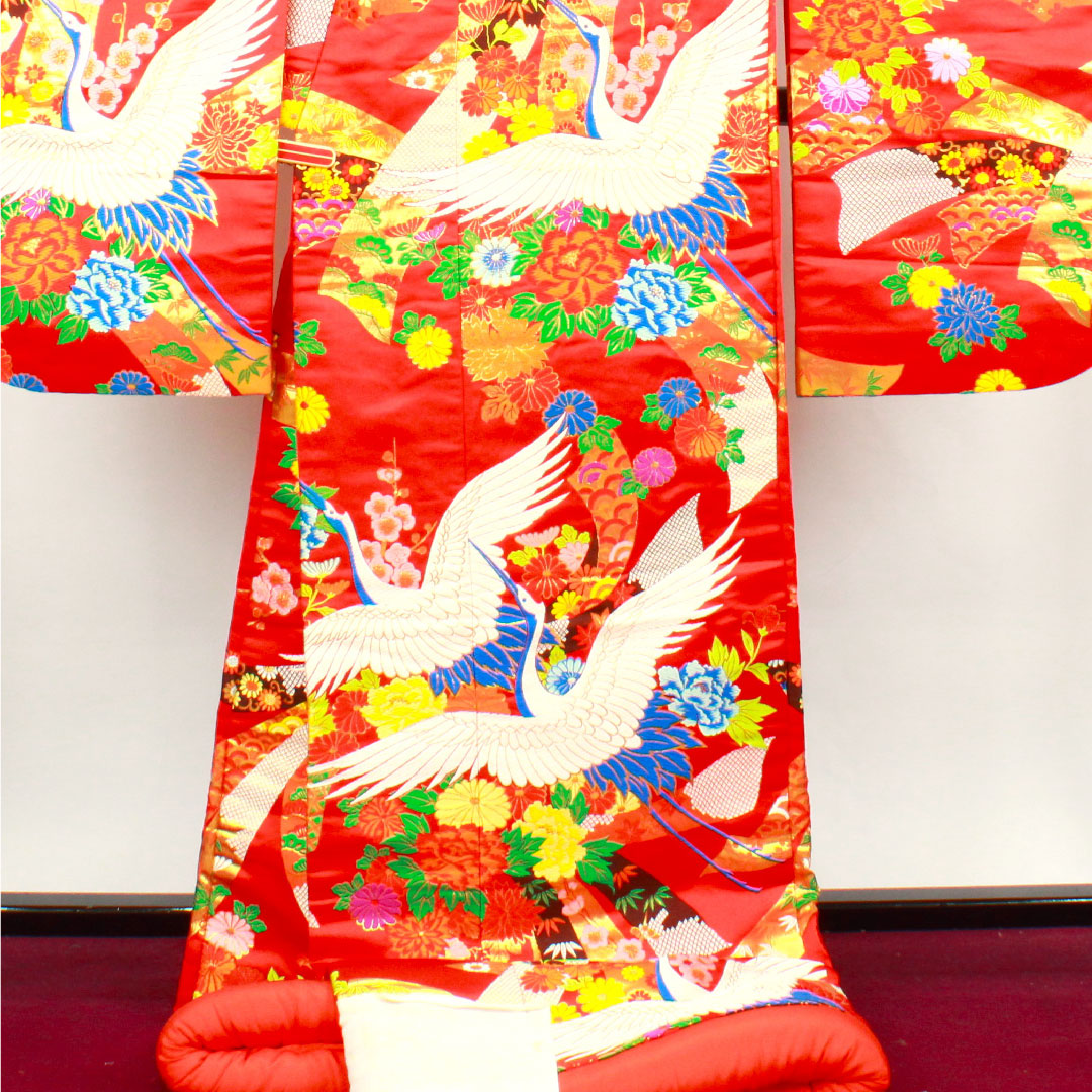 色打掛 身丈193cm  緋色 唐織 熨斗 鶴 正絹 Aランク 袷 朱系 1110000273916