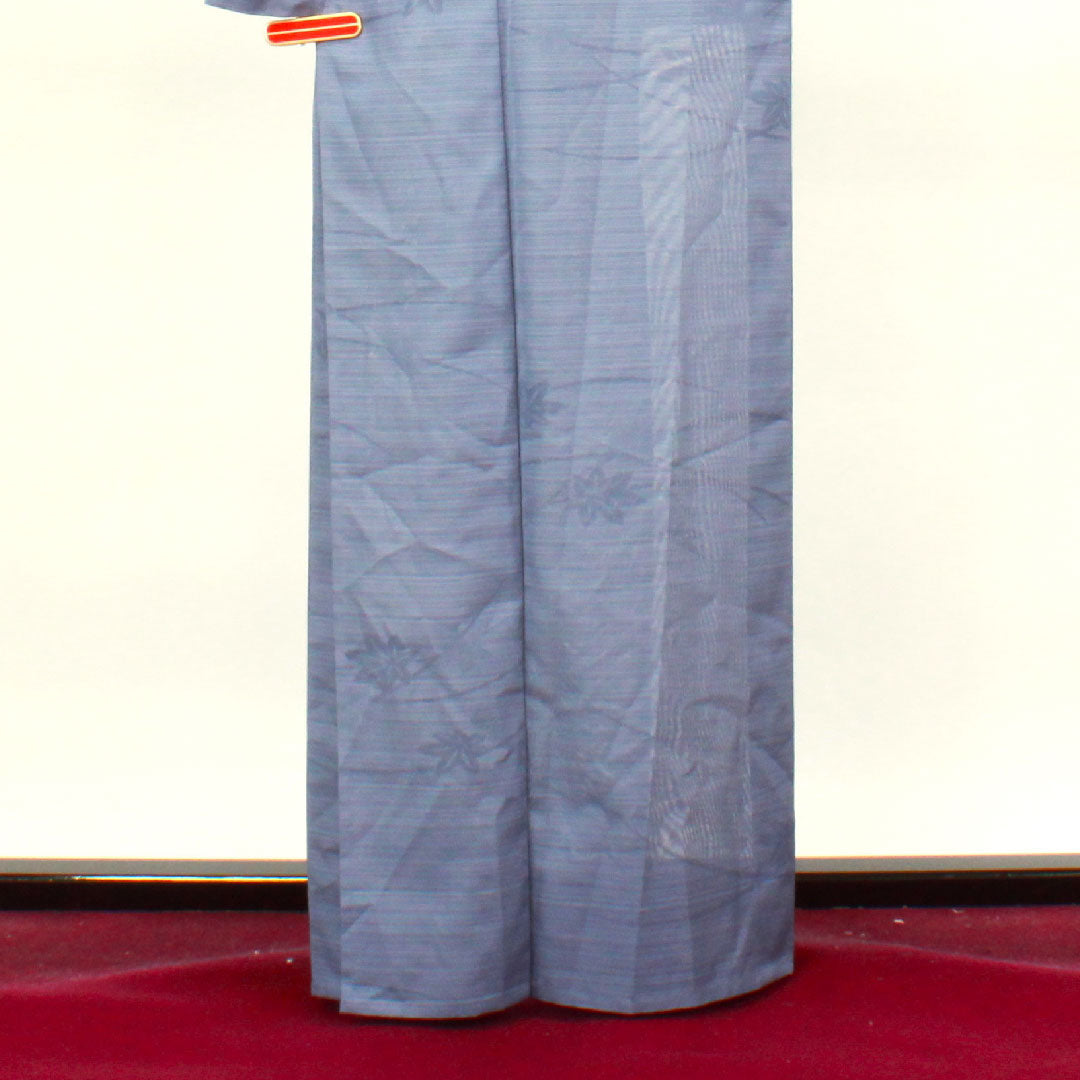 Summer kimono, polyester, plain color, length 163.5cm, sleeve length 62.5cm, Edo-nandou color, autumn leaves, washable kimono, silk, S rank, blue, 1132000852417