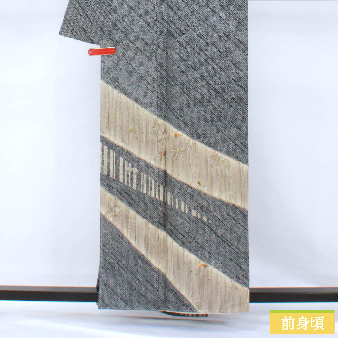 訪問着 正絹 Aランク 袷 身丈158cm 裄丈65.5cm 濃紺色（のうこんいろ） 絞り 竹 しつけ糸付き 紺系 1112006833318