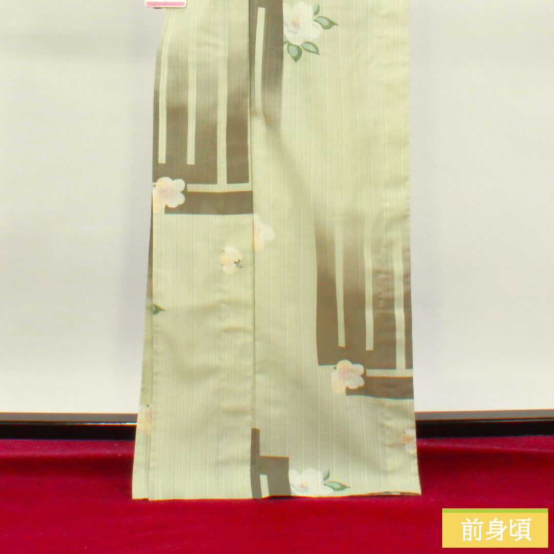 Summer kimono, polyester, small pattern, length 169cm, sleeve length 68cm, light green, washable kimono, plum, camellia, gauze, S rank, green 1132001872519