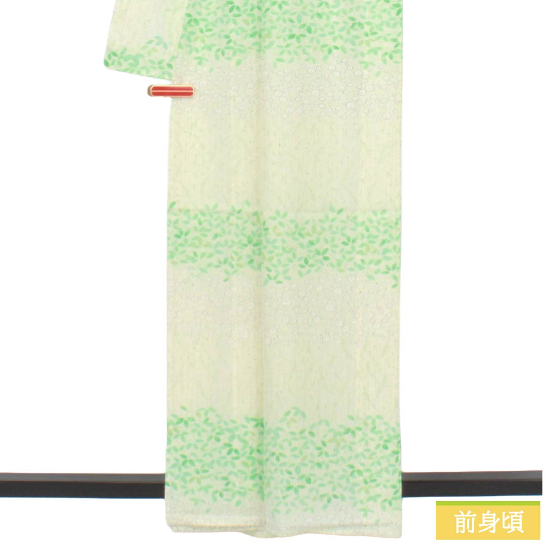 夏物 ポリエステル 小紋 Sランク 身丈161.5cm 裄丈64.5cm 乳白色（にゅうはくしょく） 型染 葉模様 横段 絽 白系 1132004952411